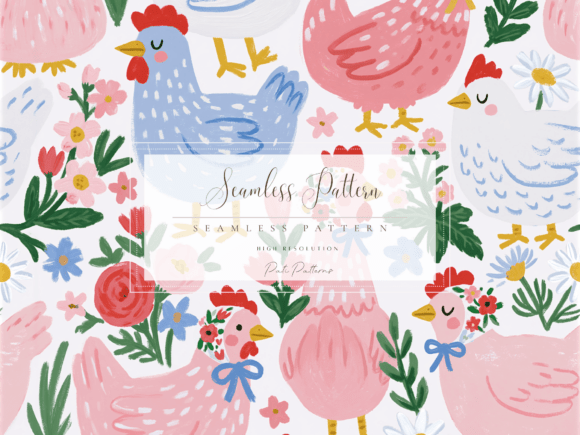 Download Whimsical Chickens Seamless Pattern PNG with Flowers - Seamless Collection