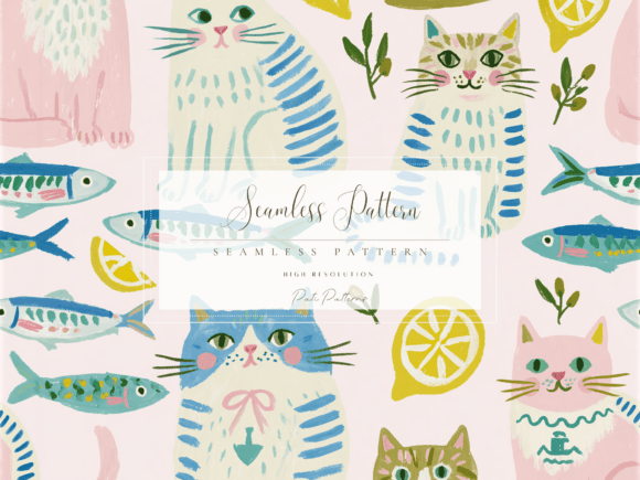Download Cute Pastel Cat Seamless Pattern with Fish and Lemons - Seamless Collection