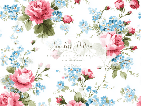 Download Vintage Pink Roses and Blue Forget-Me-Not Seamless Floral Pattern PNG - Seamless Collection